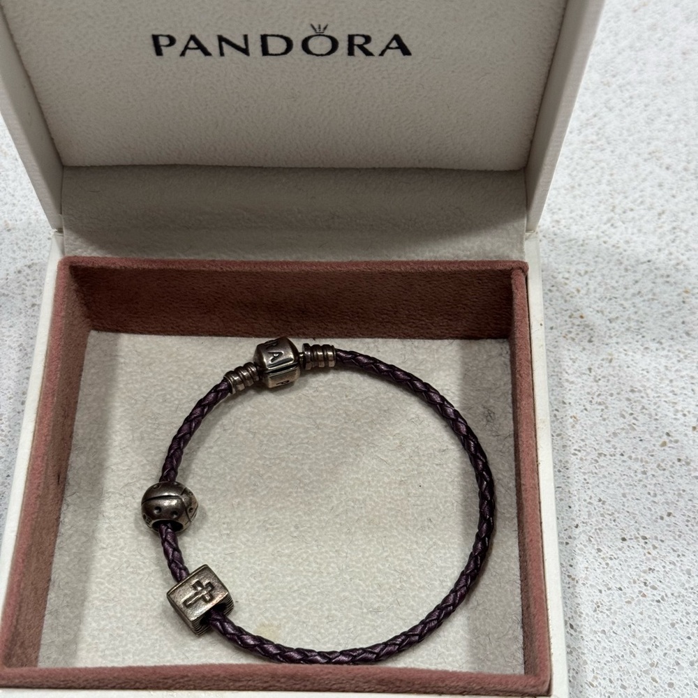 Pandora Purple Rope Bracelet with cross block and ladybug charm